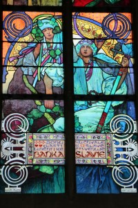 Mucha's stained glass window inside St. Vitus Cathedral