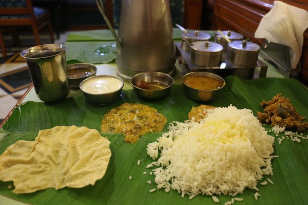 typical cuisine in South India served on banana leaf