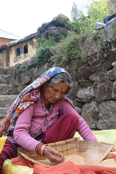 a lady threshing rice in Dharamkot, a mountain village above McLeodganj